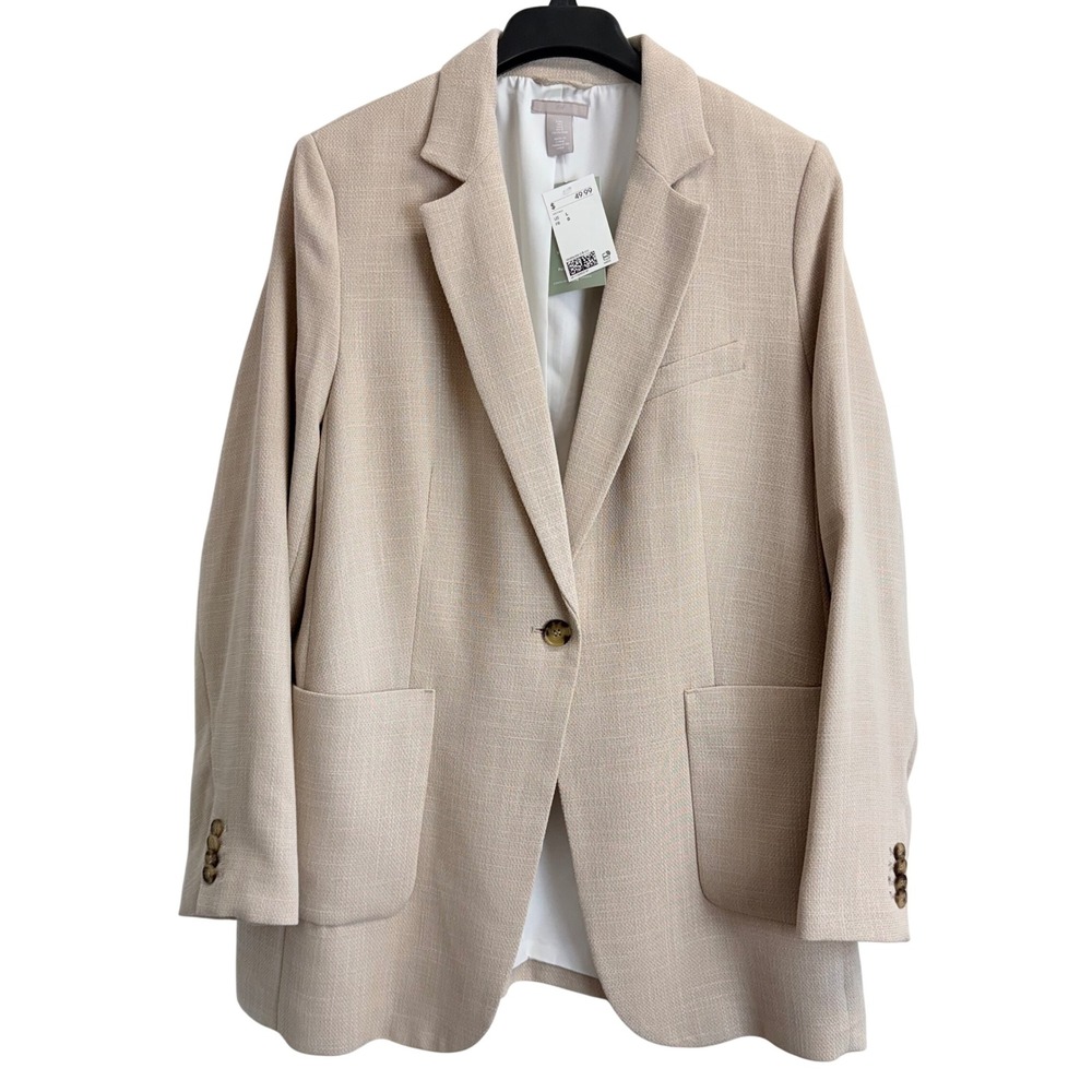 NWT H&M Conscious Choice Womens L Oversized Beige Textured Blazer Jacket